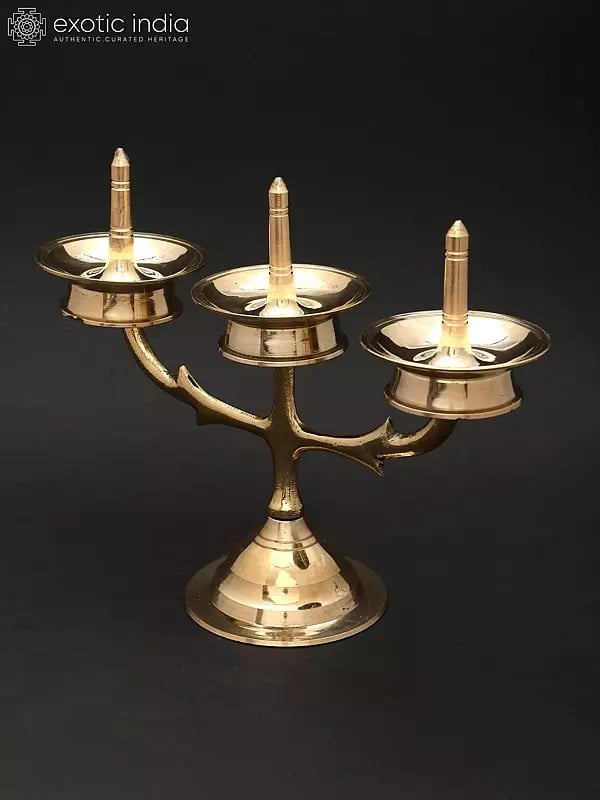 Exotic India Triple Brass Lamp From Kerala 