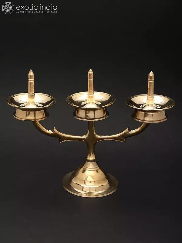 exotic india Triple Brass Lamp from Kerala 