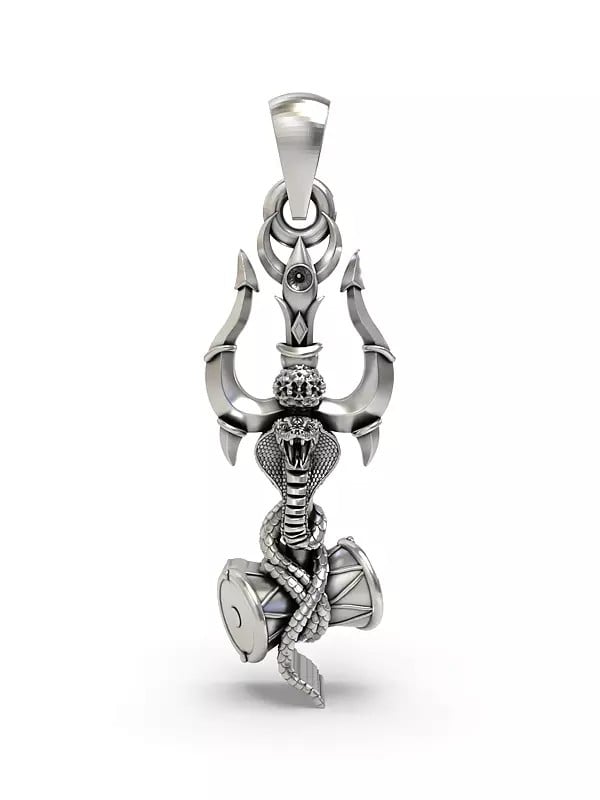 exotic india Trishul with Damru and Snake Pendant 