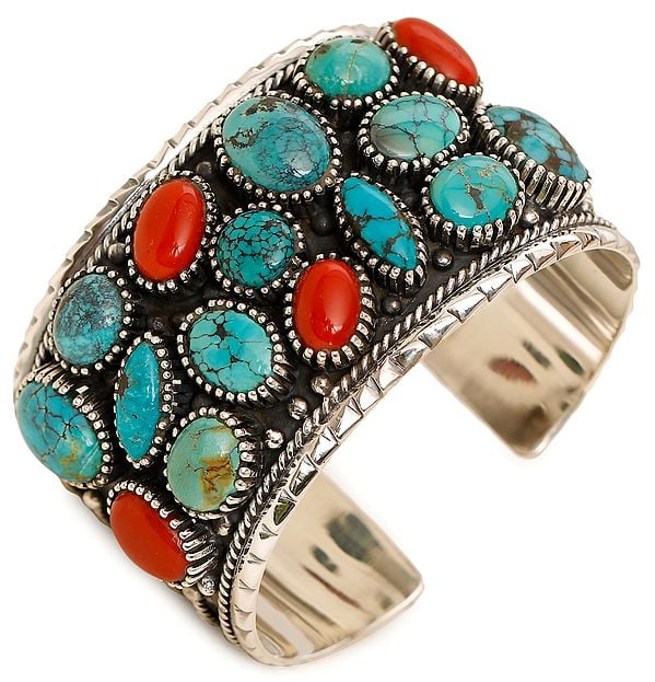 Exotic India Turquoise And Coral Cuff Bracelet 