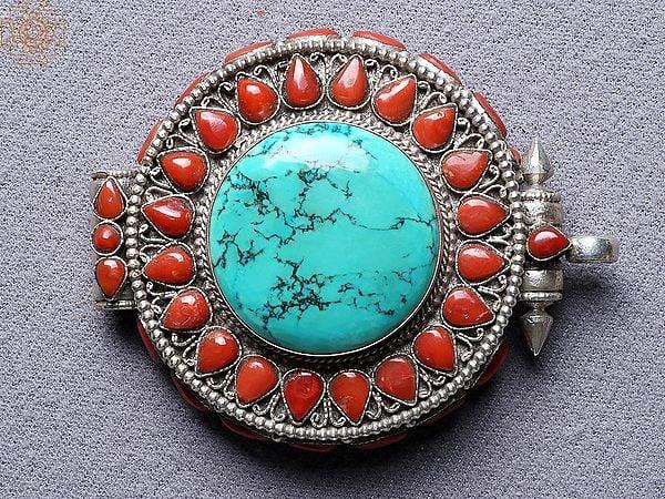 Exotic India Turquoise Coral Stone Ghau Pendant 