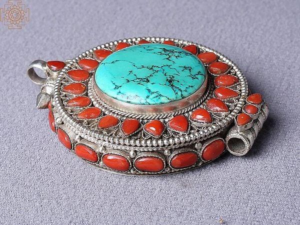 Exotic India Turquoise Coral Stone Ghau Pendant 