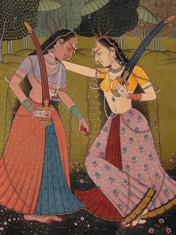 Exotic India Two Sword Ladies | Watercolor On Paper