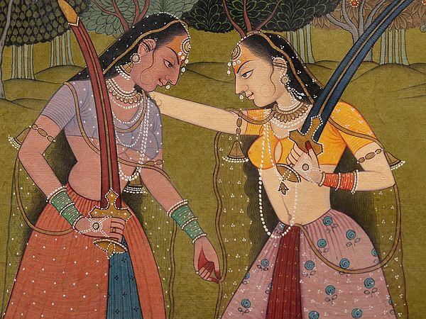 Exotic India Two Sword Ladies | Watercolor On Paper