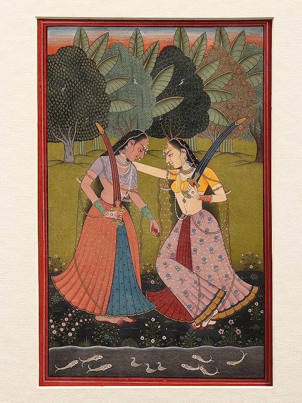 exotic india Two Sword Ladies | Watercolor on Paper