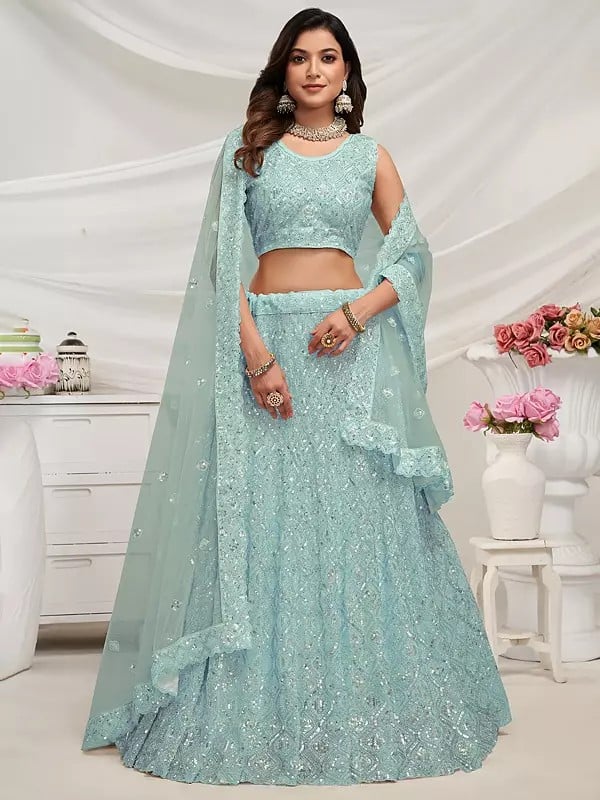 Exotic India Exquisite Diamond Pattern Stone & Cut Dana Embroidered Bridal Lehenga With Soft Net Dupatta 