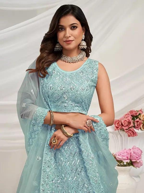 Exotic India Exquisite Diamond Pattern Stone & Cut Dana Embroidered Bridal Lehenga With Soft Net Dupatta 