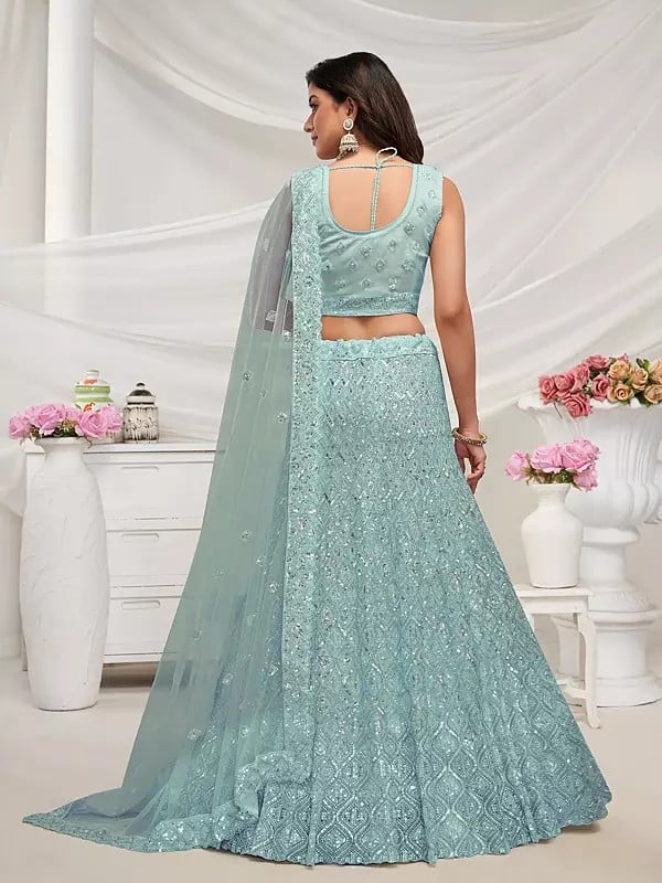 Exotic India Exquisite Diamond Pattern Stone & Cut Dana Embroidered Bridal Lehenga With Soft Net Dupatta 