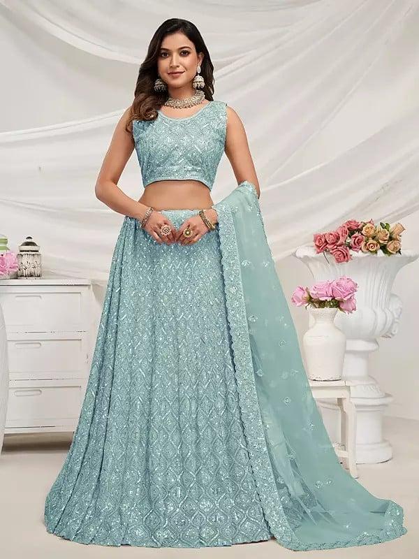 exotic india Exquisite Diamond Pattern Stone & Cut Dana Embroidered Bridal Lehenga With Soft Net Dupatta 