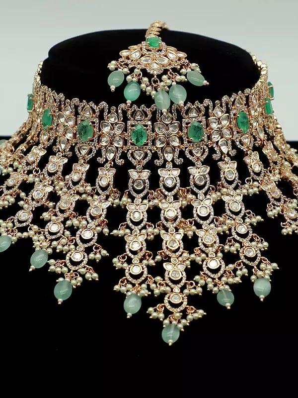 Exotic India Exquisite Floral Design Stone Studded And Beaded Choker Necklace With Earrings And Mangtika 