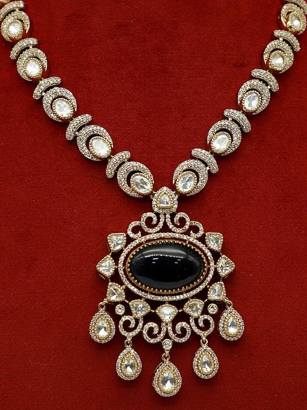 Exotic India Exquisite Moissanite Kundan Stone Studded Necklace Set With Earrings