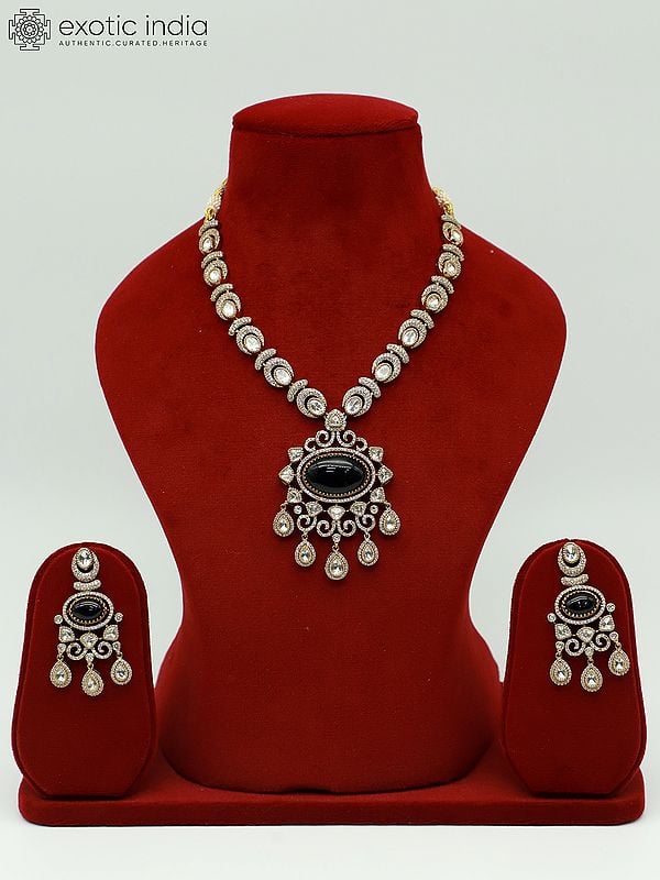 exotic india Exquisite Moissanite Kundan Stone Studded Necklace Set With Earrings 