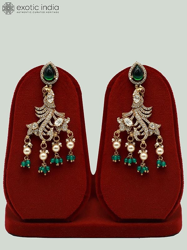 Exotic India Exquisite Peacock Design Stone Studded Moissanite Kundan With Matt Polish Necklace With Earrings 