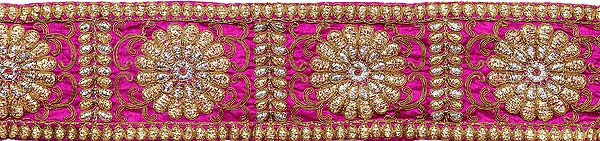 exotic india Fabric Border with Embroidered Flowers in Golden Thread