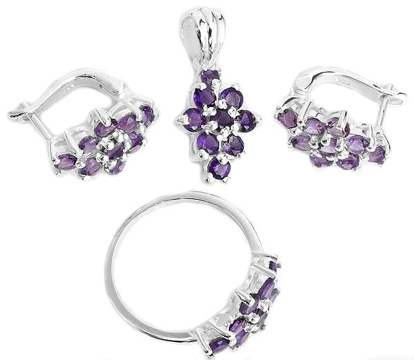 exotic india Faceted Amethyst Pendant with Earrings and Ring Set 