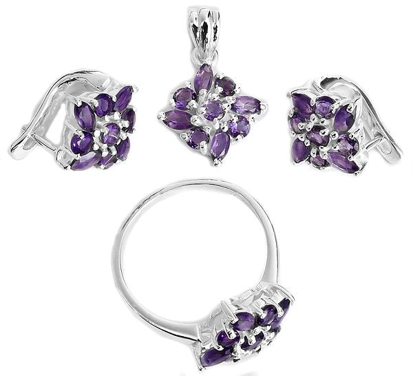 exotic india Faceted Amethyst Pendant with Earrings and Ring Set 