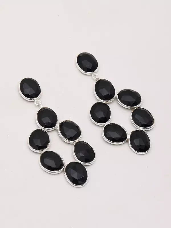 Exotic India Faceted Black Onyx Chandelier Style Earrings 