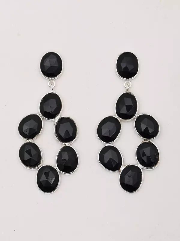 Exotic India Faceted Black Onyx Chandelier Style Earrings 