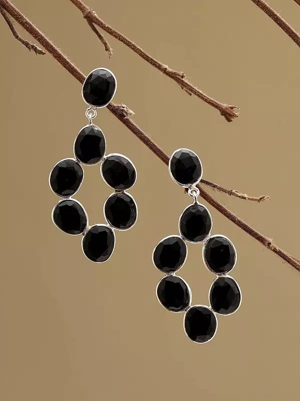 exotic india Faceted Black Onyx Chandelier Style Earrings 
