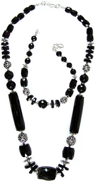 exotic india Faceted Black Onyx Necklace with Matching Bracelet Set