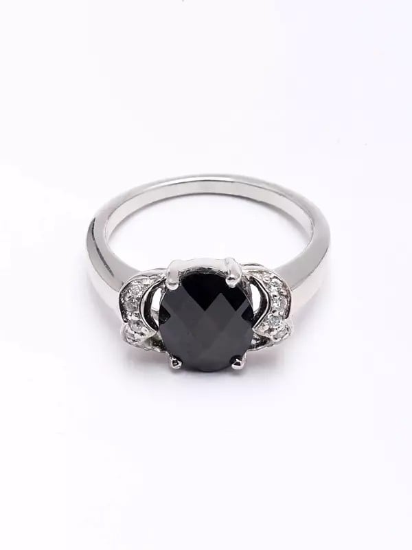 Exotic India Faceted Black Onyx Ring With Cubic Zirconia 