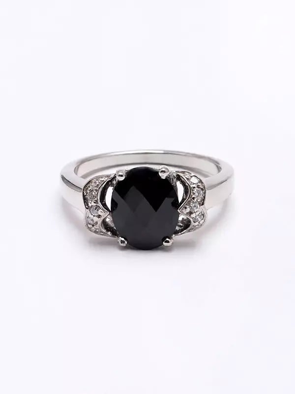 Exotic India Faceted Black Onyx Ring With Cubic Zirconia 