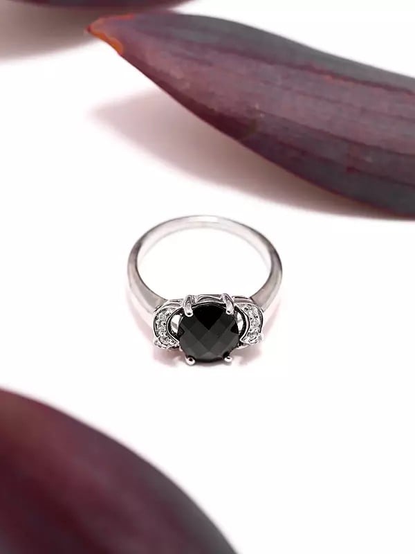 Exotic India Faceted Black Onyx Ring With Cubic Zirconia 
