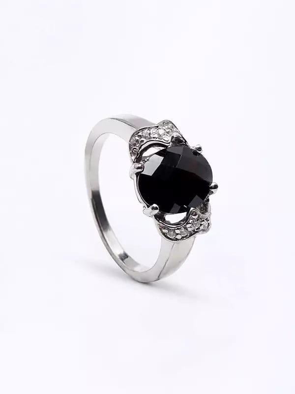 exotic india Faceted Black Onyx Ring with Cubic Zirconia 