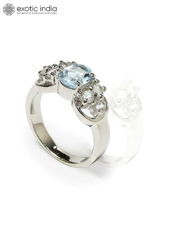 Exotic India Faceted Blue Topaz Gemstone Ring With Cubic Zirconia 