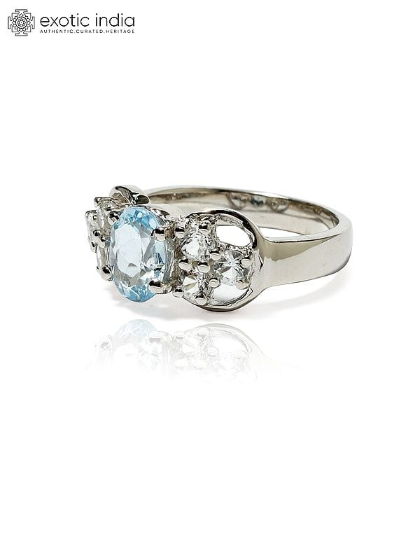 Exotic India Faceted Blue Topaz Gemstone Ring With Cubic Zirconia 