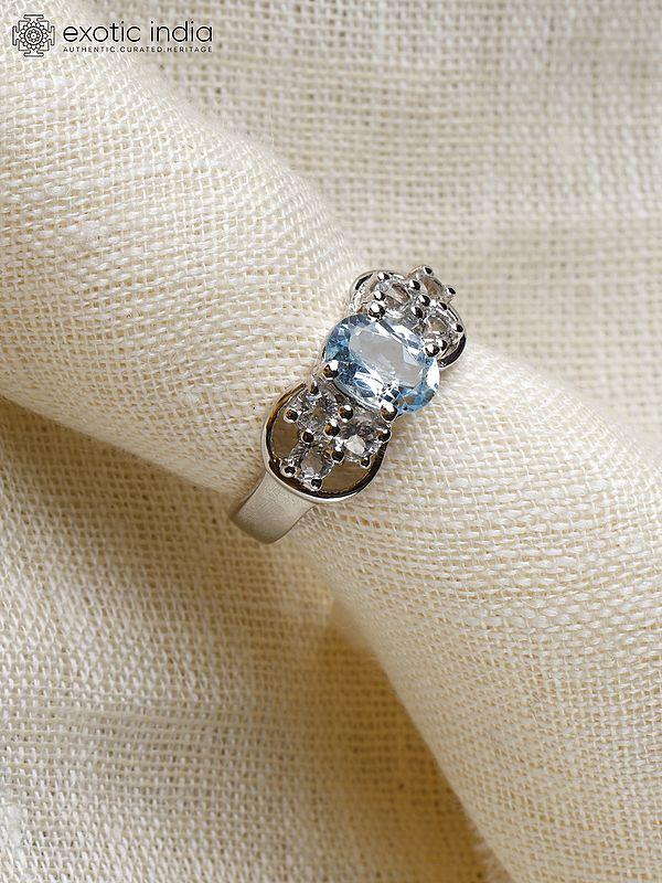 Exotic India Faceted Blue Topaz Gemstone Ring With Cubic Zirconia 
