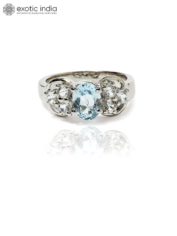 exotic india Faceted Blue Topaz Gemstone Ring with Cubic Zirconia 