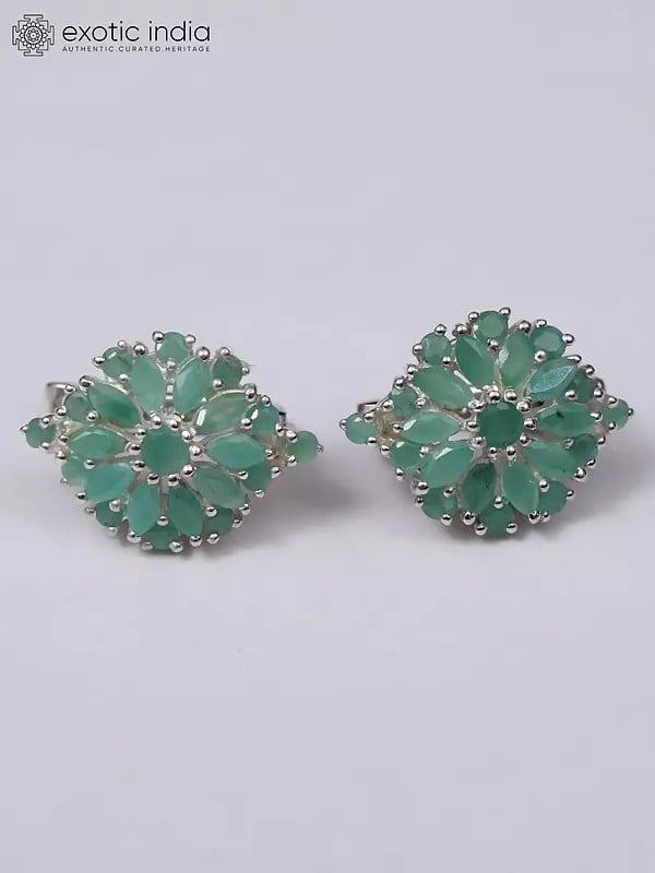 Exotic India Faceted Emerald Gemstone Sterling Silver Earrings 