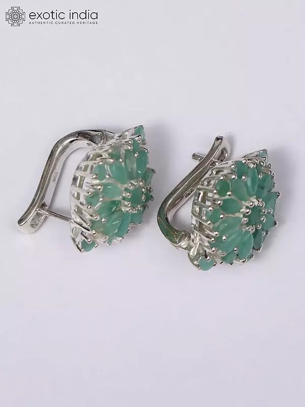 Exotic India Faceted Emerald Gemstone Sterling Silver Earrings 