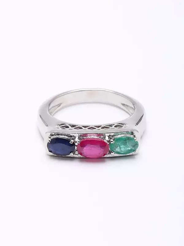 Exotic India Faceted Emerald Ruby And Sapphire Ring 
