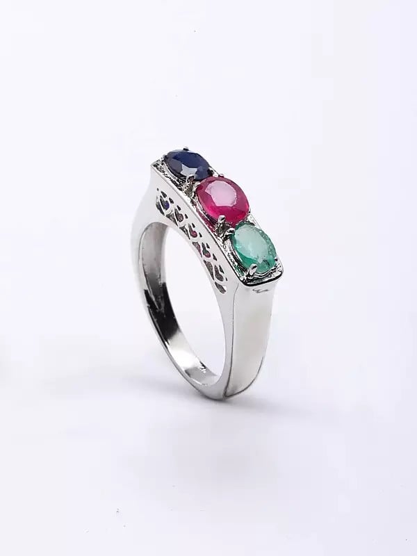 exotic india Faceted Emerald Ruby and Sapphire Ring 