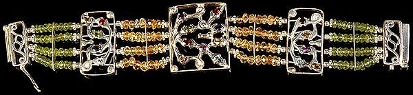 exotic india Faceted Gemstone Four Layer Bracelet (Peridot Citrine Blue Topaz Garnet Amethyst and Iolite)