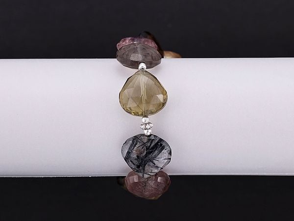 Exotic India Faceted Gemstone Heart Briolette Sterling Silver Bracelet