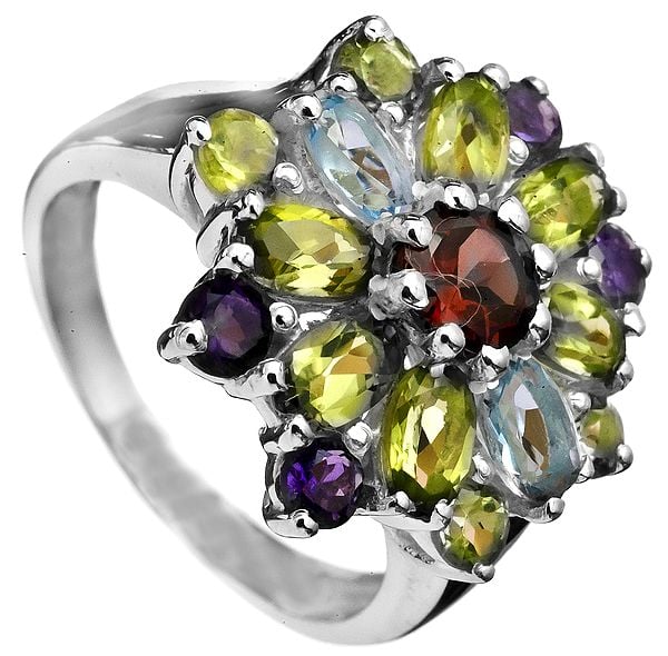 exotic india Faceted Gemstone Ring (Garnet BT Peridot and Amethyst) 