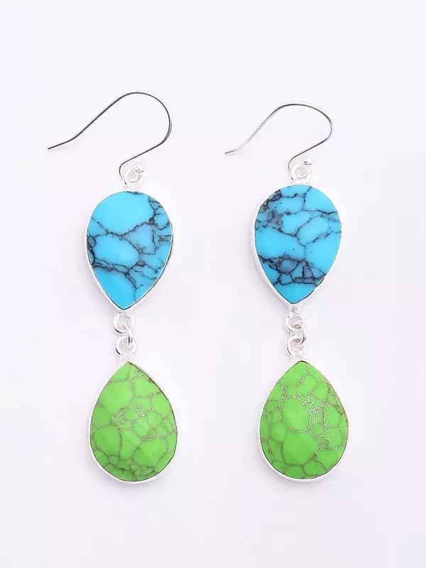 Exotic India Faceted Green Copper Turquoise And Blue Turquoise Dangle Earrings 