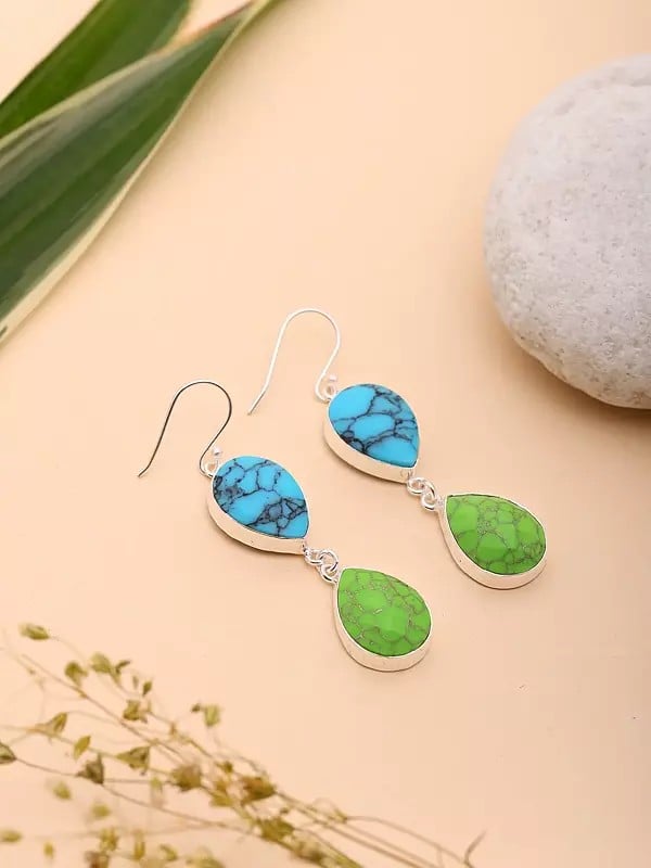 Exotic India Faceted Green Copper Turquoise And Blue Turquoise Dangle Earrings 