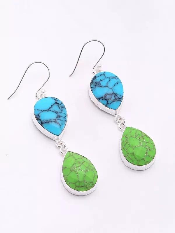 exotic india Faceted Green Copper Turquoise and Blue Turquoise Dangle Earrings 