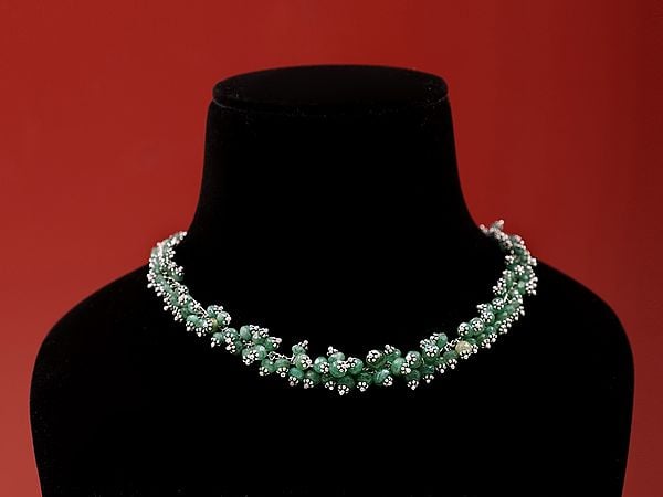 Exotic India Faceted Green Onyx Choker Necklace & Earring With Bracelet Set