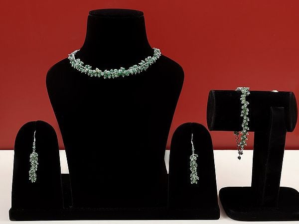 exotic india Faceted Green Onyx Choker Necklace & Earring with Bracelet Set 