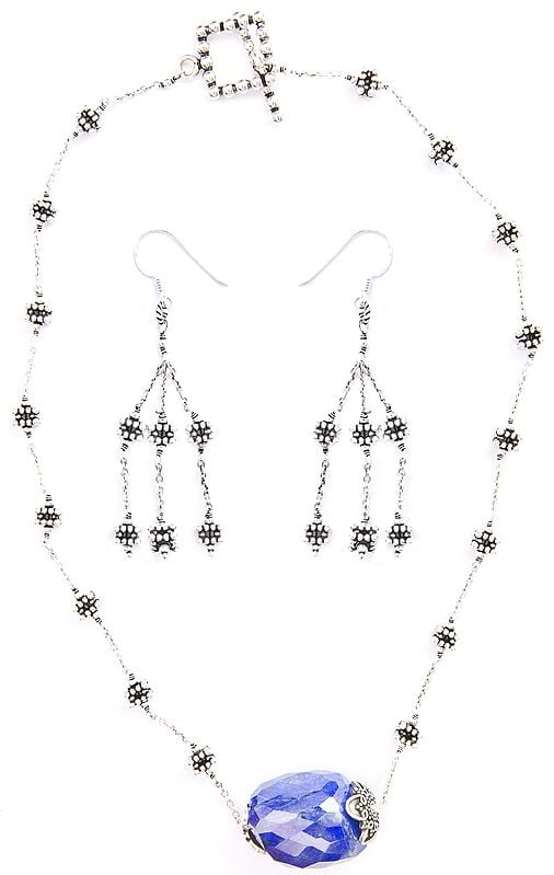 exotic india Faceted Lapis Lazuli Necklace with Earrings Set 