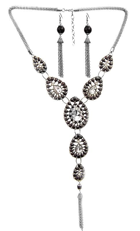 exotic india Faceted Long Tassel Necklace with Earrings Set 