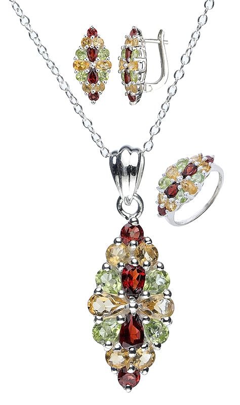 exotic india Faceted Pendant Earrings and Ring Set - Sterling Silver Jewelry 