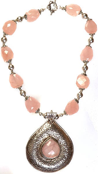 exotic india Faceted Rose Quartz Necklace | Sterling Silver Jewelry 