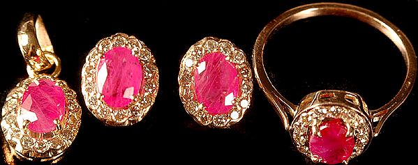 exotic india Faceted Ruby and Diamond Pendant with Tops and Finger Ring Set 