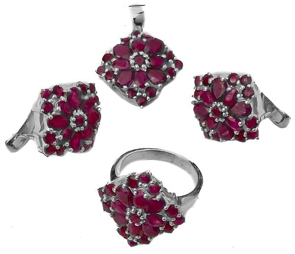 exotic india Faceted Ruby Pendant with Earrings and Ring Set - Sterling Silver 